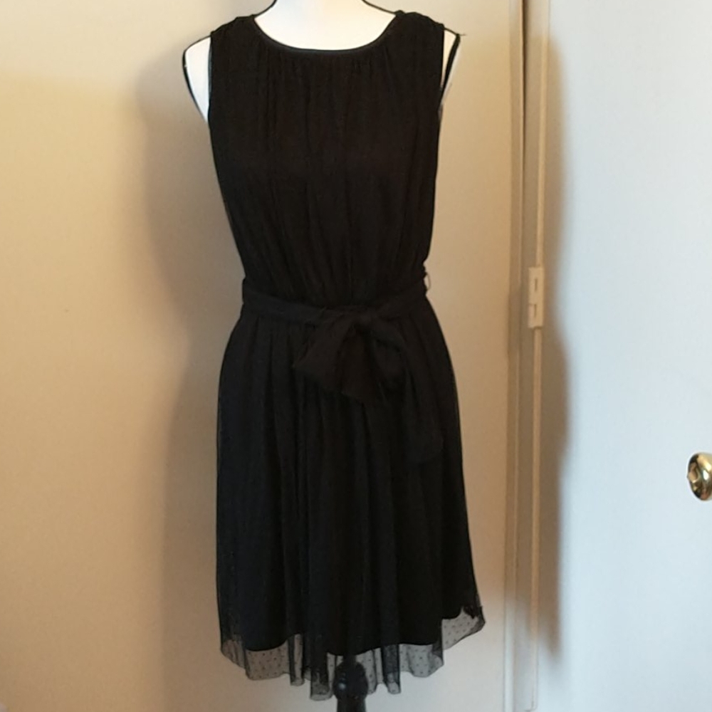 London Times dress black mesh sleeveless belted 8